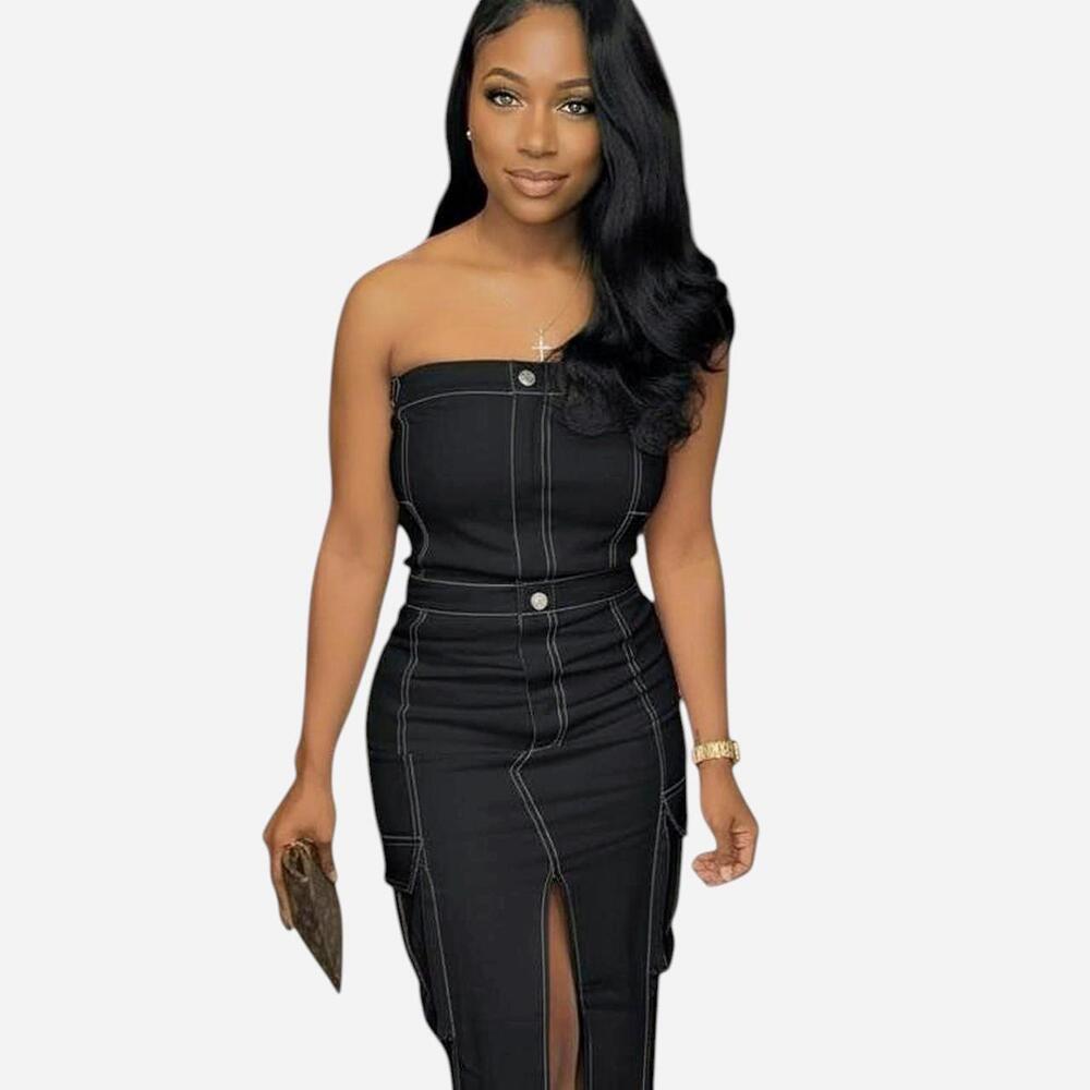 Black Halter Cargo Dress – Hidden Zipper & Front Split